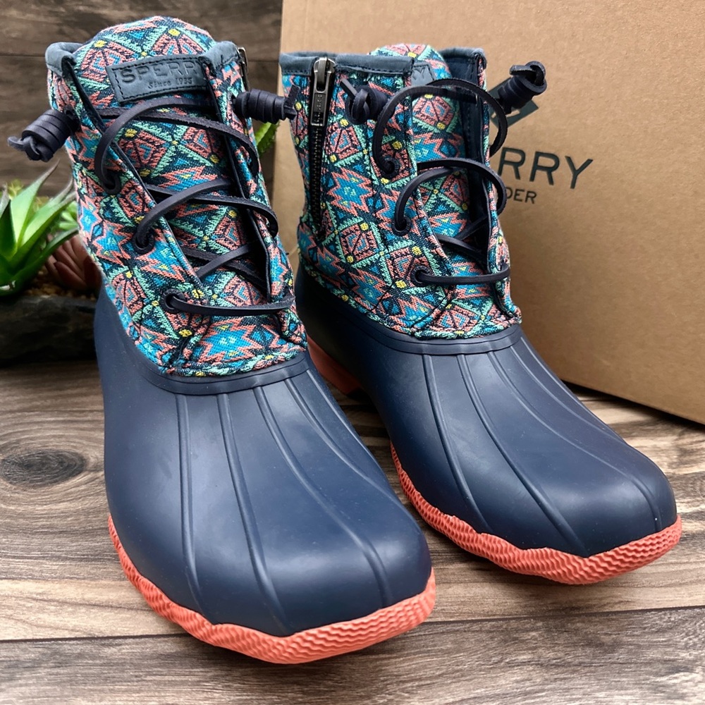 NIB Sperry Saltwater Serape Textile Geometric Navy Waterproof Duck Rain Boots - Picture 4 of 13